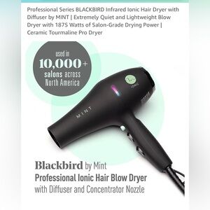 Professional Series Blackbird Infared Ionic Hair Dryer With Diffuser By Mint!!